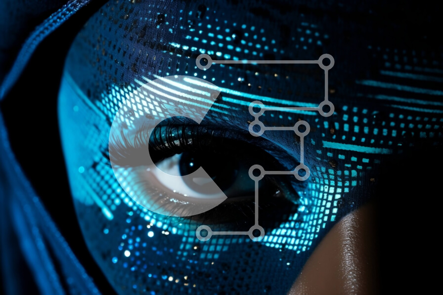 Intra Συλλεκτικό Ξύλινο Παζλ Plywood  4mm - Κομψή εικόνα γυναίκας με μπλε κουκούλα και μάσκα με λαμπερό σχέδιο Σε Ξύλινο Κουτί - Διαστάσεις Puzzle: 10x10 cm – 25 κομμάτια