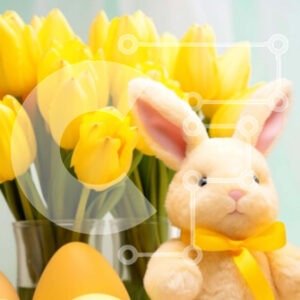 Intra Συλλεκτικό Ξύλινο Παζλ Plywood  4mm - Τραπέζι Πασχαλινό λαγουδάκι με κίτρινο αρκουδάκι και τουλίπες Σε Ξύλινο Κουτί - Διαστάσεις: 10x10 cm – 25 κομμάτια