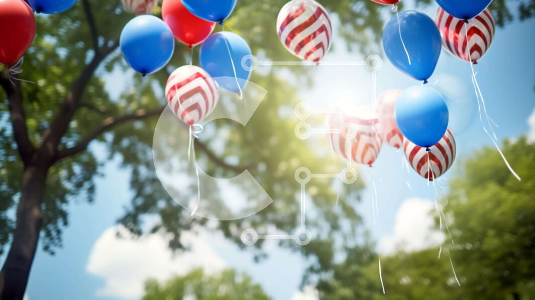 Intra Συλλεκτικό Ξύλινο Παζλ Plywood  4mm - Γιορτή 4ης Ιουλίου με Κόκκινα, Λευκά και Μπλε Μπαλόνια και Streamers Σε Ξύλινο Κουτί - Διαστάσεις: 10x10 cm – 25 κομμάτια