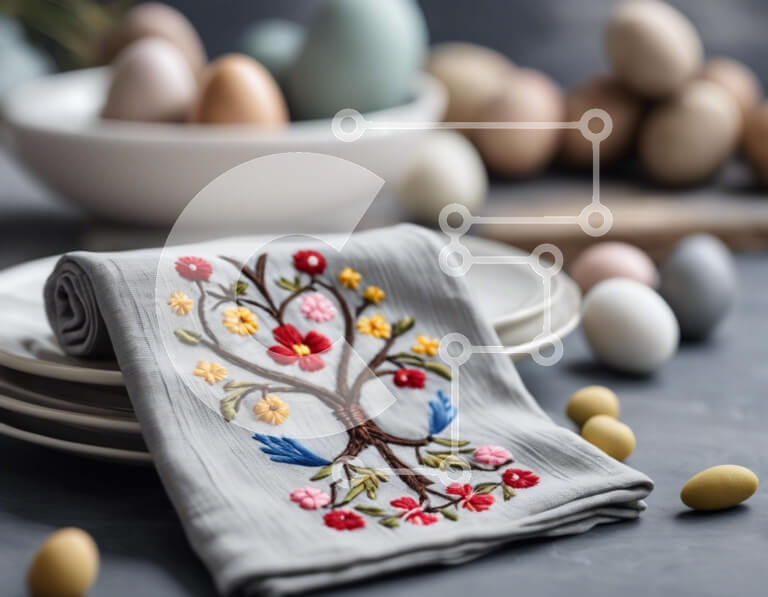 Intra Συλλεκτικό Ξύλινο Παζλ Plywood  4mm - Σετ πασχαλινό τραπέζι με κεντημένη πετσέτα δέντρου και αυγά Σε Ξύλινο Κουτί - Διαστάσεις: 10x10 cm – 25 κομμάτια