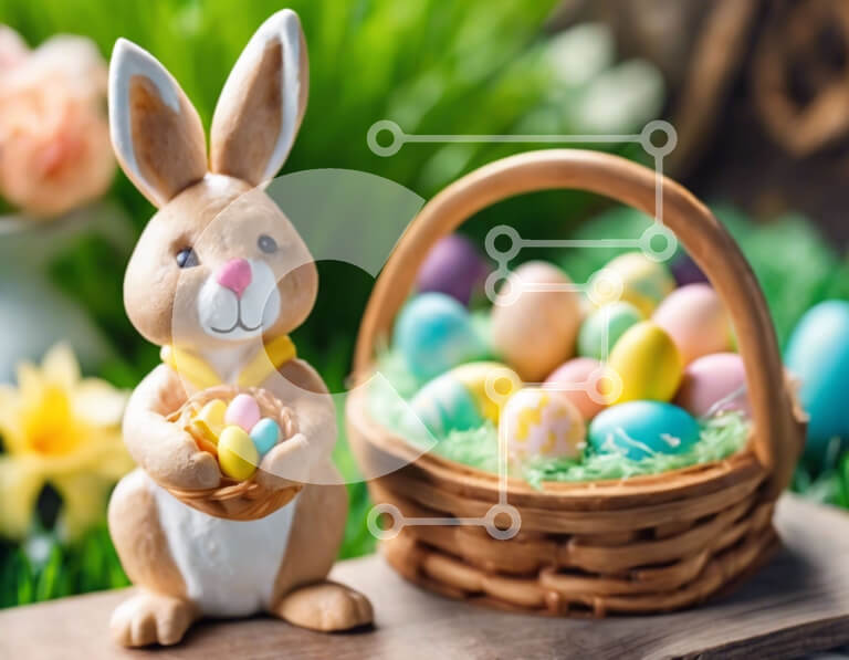 Intra Συλλεκτικό Ξύλινο Παζλ Plywood  4mm - Κεραμικό ειδώλιο πασχαλινό λαγουδάκι με πασχαλινό καλάθι και πολύχρωμα αυγά Σε Ξύλινο Κουτί - Διαστάσεις Puzzle: 10x10 cm – 25 κομμάτια