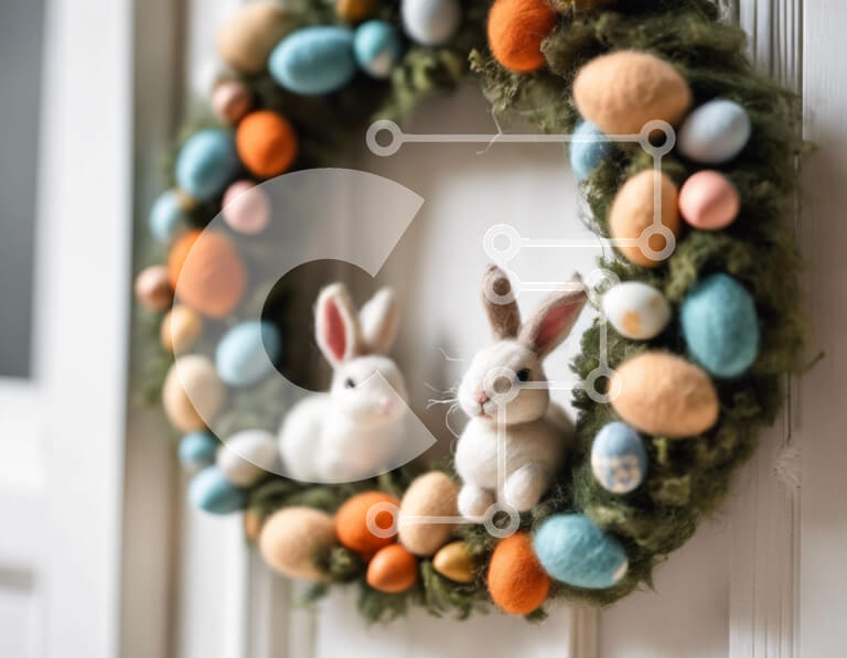 Intra Συλλεκτικό Ξύλινο Παζλ Plywood  4mm - Τσόχινο Πασχαλινό στεφάνι με κουνελάκια και πολύχρωμα αυγά Σε Ξύλινο Κουτί - Διαστάσεις: 10x10 cm – 25 κομμάτια