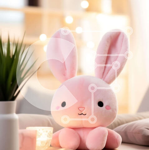 Intra Συλλεκτικό Ξύλινο Παζλ Plywood 4mm - Ροζ λαγουδάκι γεμιστό ζώο στο τραπέζι με κηροπήγια Σε Ξύλινο Κουτί - Διαστάσεις: 10x10 cm – 25 κομμάτια - Image 1