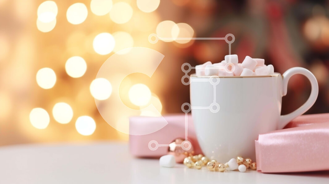 Intra Συλλεκτικό Ξύλινο Παζλ Plywood  4mm - Λευκό φλιτζάνι καφέ με Marshmallows και ροζ δώρα σε φόντο χριστουγεννιάτικα φώτα Σε Ξύλινο Κουτί - Διαστάσεις: 10x10 cm – 25 κομμάτια
