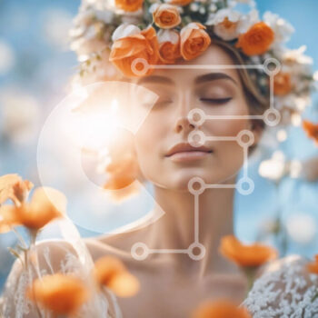 Intra Συλλεκτικό Ξύλινο Παζλ Plywood  4mm - Όμορφη γυναίκα με πορτοκαλί λουλούδι στέμμα στο πεδίο των λουλουδιών Σε Ξύλινο Κουτί - Διαστάσεις Puzzle: 10x10 cm – 25 κομμάτια - Image 1