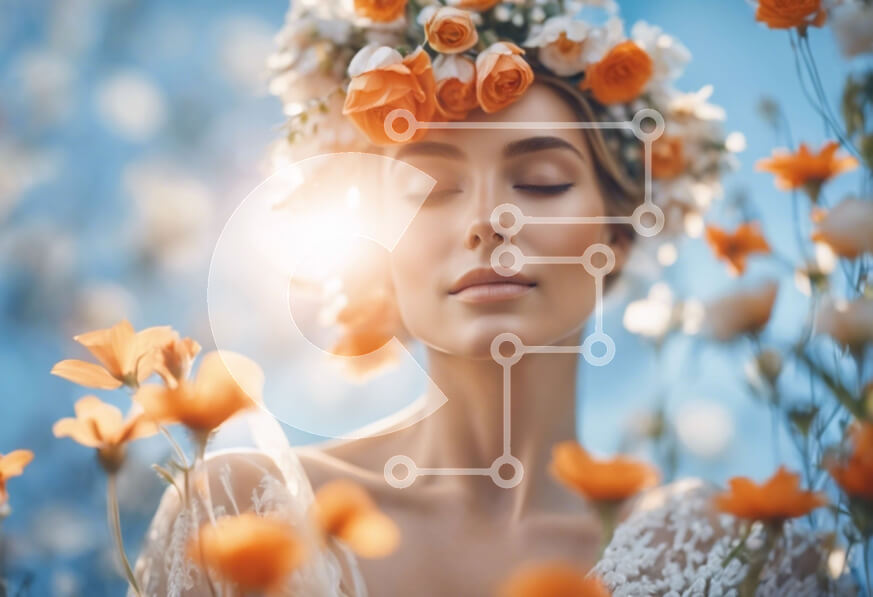 Intra Συλλεκτικό Ξύλινο Παζλ Plywood  4mm - Όμορφη γυναίκα με πορτοκαλί λουλούδι στέμμα στο πεδίο των λουλουδιών Σε Ξύλινο Κουτί - Διαστάσεις Puzzle: 10x10 cm – 25 κομμάτια