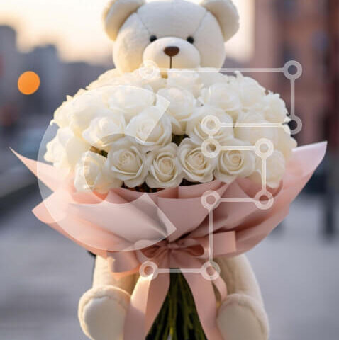 Intra Συλλεκτικό Ξύλινο Παζλ Plywood  4mm - Άτομο που κρατά μπουκέτο από λευκά τριαντάφυλλα με αρκουδάκι Σε Ξύλινο Κουτί - Διαστάσεις Puzzle: 10x10 cm – 25 κομμάτια - Image 1