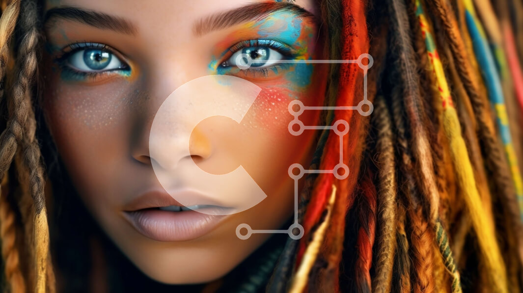 Intra Συλλεκτικό Ξύλινο Παζλ Plywood  4mm - Ζωντανό πορτρέτο μιας γυναίκας με πολύχρωμα dreadlocks και φωτεινά μπλε μάτια Σε Ξύλινο Κουτί - Διαστάσεις Puzzle: 10x10 cm – 25 κομμάτια