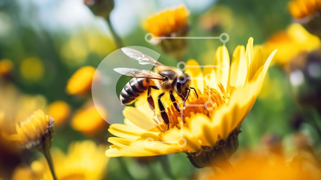 Intra Συλλεκτικό Ξύλινο Παζλ Plywood  4mm - Μέλισσα στο πορτοκαλί λουλούδι που περιβάλλεται από κίτρινες πικραλίδες Σε Ξύλινο Κουτί - Διαστάσεις: 10x10 cm – 25 κομμάτια