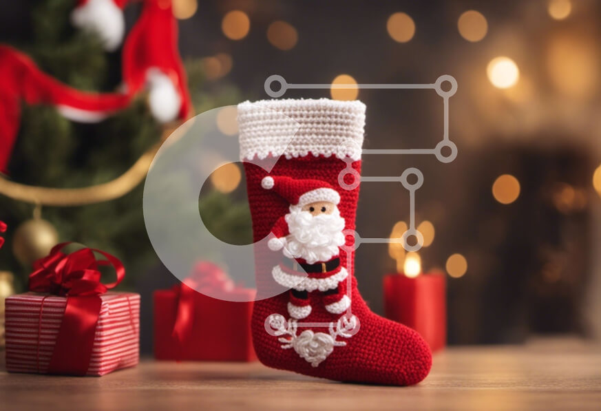 Intra Συλλεκτικό Ξύλινο Παζλ Plywood  4mm - Εορταστική πλεκτή κάλτσα Άγιου Βασίλη σε διακοσμημένο ξύλινο τραπέζι Σε Ξύλινο Κουτί - Διαστάσεις: 10x10 cm – 25 κομμάτια