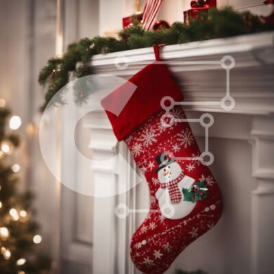 Intra Συλλεκτικό Ξύλινο Παζλ Plywood  4mm - Κόκκινη κάλτσα κρεμαστή στο τζάκι μανδύα με χριστουγεννιάτικα στολίδια Σε Ξύλινο Κουτί - Διαστάσεις: 10x10 cm – 25 κομμάτια - Image 1