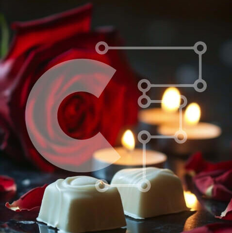 Intra Συλλεκτικό Ξύλινο Παζλ Plywood  4mm - Ρομαντικό σκηνικό με λευκές σοκολάτες, κόκκινο τριαντάφυλλο και κεριά Σε Ξύλινο Κουτί - Διαστάσεις Puzzle: 10x10 cm – 25 κομμάτια - Image 1