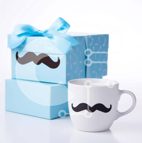 Intra Συλλεκτικό Ξύλινο Παζλ Plywood 4mm - Μπλε Κουτί δώρου με σχέδιο μουστάκι και φλιτζάνι καφέ Σε Ξύλινο Κουτί - Διαστάσεις Puzzle: 10x10 cm – 25 κομμάτια - Image 1