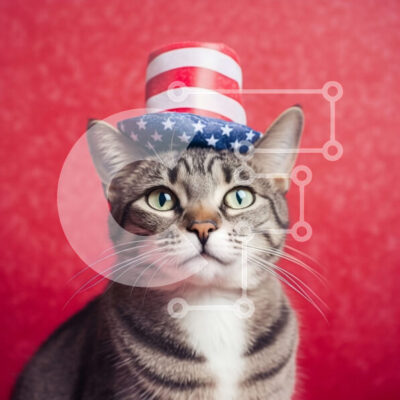 Intra Συλλεκτικό Ξύλινο Παζλ Plywood  4mm - Αξιολάτρευτη γκρι τιγρέ γάτα που φορά ένα κόκκινο, λευκό και μπλε καπέλο με αστέρια Σε Ξύλινο Κουτί - Διαστάσεις: 10x10 cm – 25 κομμάτια - Image 1