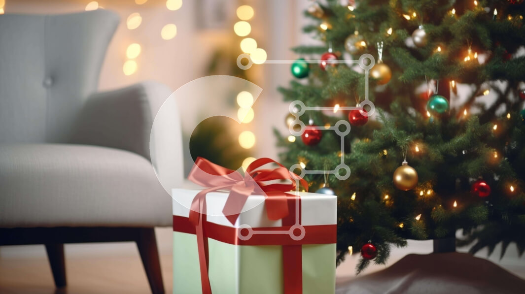 Intra Συλλεκτικό Ξύλινο Παζλ Plywood  4mm - Χριστουγεννιάτικο δώρο με κόκκινη κορδέλα δίπλα στο δέντρο Σε Ξύλινο Κουτί - Διαστάσεις: 10x10 cm – 25 κομμάτια