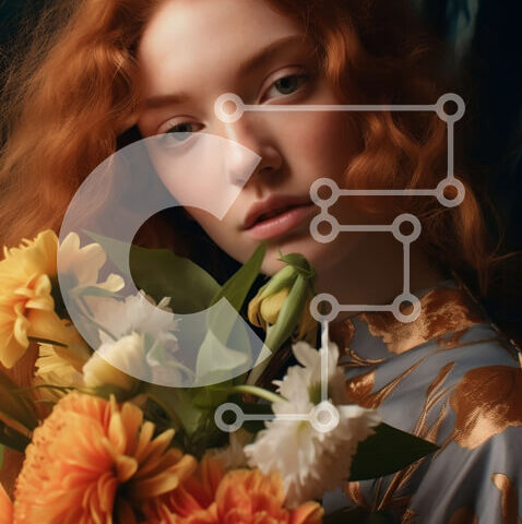 Intra Συλλεκτικό Ξύλινο Παζλ Plywood 4mm - Μυστηριώδες και κομψό πορτρέτο μιας κοκκινομάλλας γυναίκας με ένα μπουκέτο λουλούδια Σε Ξύλινο Κουτί - Διαστάσεις Puzzle: 10x10 cm – 25 κομμάτια - Image 1