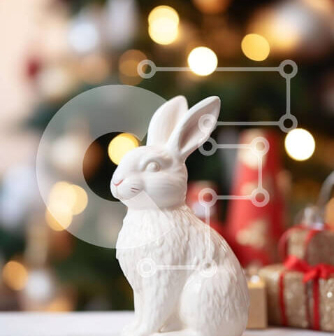 Intra Συλλεκτικό Ξύλινο Παζλ Plywood  4mm - Λευκό ειδώλιο λαγουδάκι μπροστά από ένα χριστουγεννιάτικο δέντρο Σε Ξύλινο Κουτί - Διαστάσεις: 10x10 cm – 25 κομμάτια - Image 1