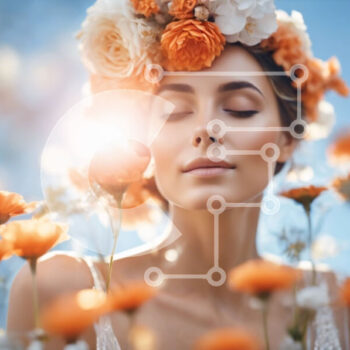 Intra Συλλεκτικό Ξύλινο Παζλ Plywood  4mm - Όμορφη γυναίκα με πορτοκαλί λουλούδι στέμμα στο πεδίο των λουλουδιών Σε Ξύλινο Κουτί - Διαστάσεις Puzzle: 10x10 cm – 25 κομμάτια - Image 1