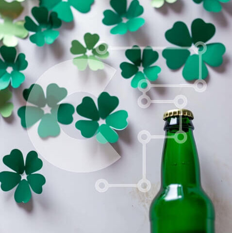 Intra Συλλεκτικό Ξύλινο Παζλ Plywood 4mm - Πράσινο μπουκάλι μπύρας και τριφύλλια για την ημέρα του Αγίου Πατρικίου Σε Ξύλινο Κουτί - Διαστάσεις: 10x10 cm – 25 κομμάτια - Image 1