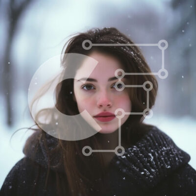 Intra Συλλεκτικό Ξύλινο Παζλ Plywood  4mm - Σοβαρή νεαρή γυναίκα στο χιόνι με μακριά σκούρα μαλλιά και καστανά μάτια Σε Ξύλινο Κουτί - Διαστάσεις Puzzle: 10x10 cm – 25 κομμάτια - Image 1