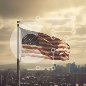 Intra Συλλεκτικό Ξύλινο Παζλ Plywood  4mm - Υπερήφανη εικόνα της αμερικανικής σημαίας που κυματίζει ψηλά πάνω από τον ορίζοντα της πόλης Σε Ξύλινο Κουτί - Διαστάσεις Puzzle: 10x10 cm – 25 κομμάτια