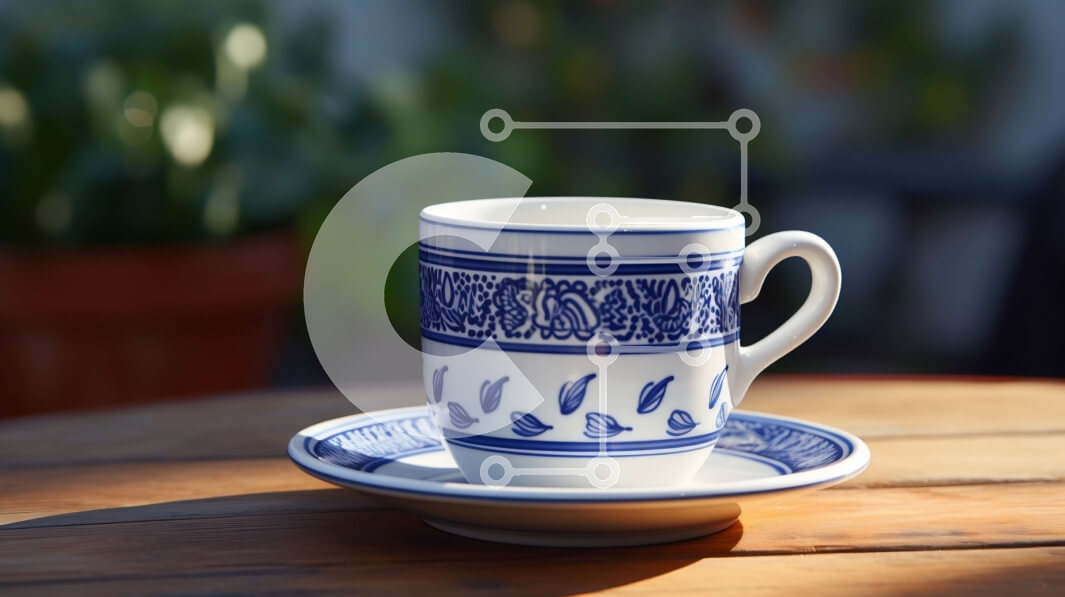 Intra Συλλεκτικό Ξύλινο Παζλ Plywood  4mm - Μπλε και άσπρο κεραμικό φλιτζάνι καφέ και πιατάκι σε ξύλινο τραπέζι Σε Ξύλινο Κουτί - Διαστάσεις Puzzle: 10x10 cm – 25 κομμάτια