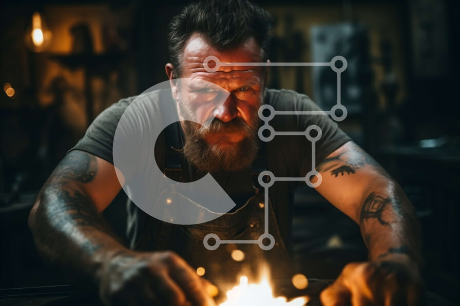 Intra Συλλεκτικό Ξύλινο Παζλ Plywood  4mm - Γενειοφόρος σιδεράς που εργάζεται στο Forge με χαμηλό φωτισμό Σε Ξύλινο Κουτί - Διαστάσεις Puzzle: 10x10 cm – 25 κομμάτια