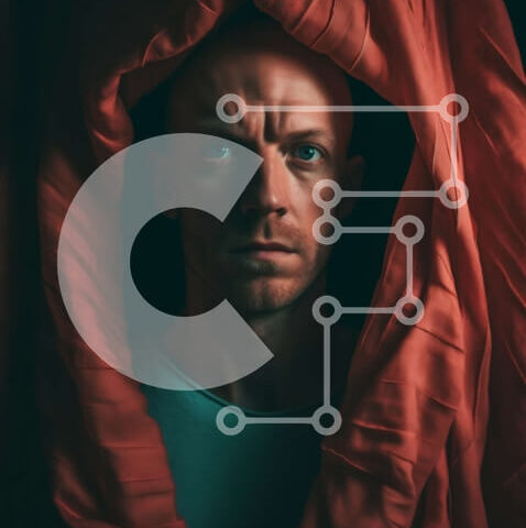 Intra Συλλεκτικό Ξύλινο Παζλ Plywood 4mm - Σοβαρός άνδρας που στέκεται πίσω από την κόκκινη κουρτίνα σε μαύρο και άσπρο Σε Ξύλινο Κουτί - Διαστάσεις Puzzle: 10x10 cm – 25 κομμάτια - Image 1