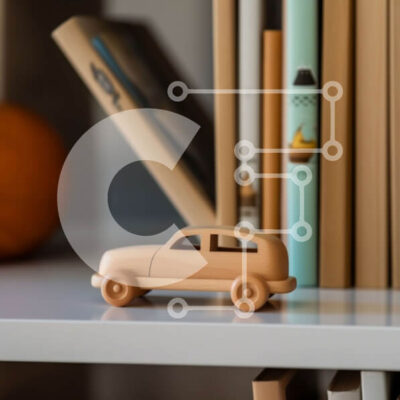 Intra Συλλεκτικό Ξύλινο Παζλ Plywood  4mm - Ξύλινο αυτοκίνητο παιχνιδιών στο ράφι με βιβλία και κολοκύθα Σε Ξύλινο Κουτί - Διαστάσεις: 10x10 cm – 25 κομμάτια - Image 1