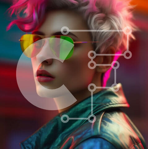 Intra Συλλεκτικό Ξύλινο Παζλ Plywood  4mm - Κομψή γυναίκα με ροζ μαλλιά μπροστά από το νέον φωτισμένο φόντο Σε Ξύλινο Κουτί - Διαστάσεις Puzzle: 10x10 cm – 25 κομμάτια - Image 1