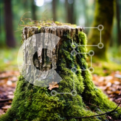 Intra Συλλεκτικό Ξύλινο Παζλ Plywood  4mm - Όμορφη εικόνα ενός κολοβώματος δέντρου καλυμμένου με βρύα σε ένα δάσος Σε Ξύλινο Κουτί - Διαστάσεις: 10x10 cm – 25 κομμάτια - Image 1