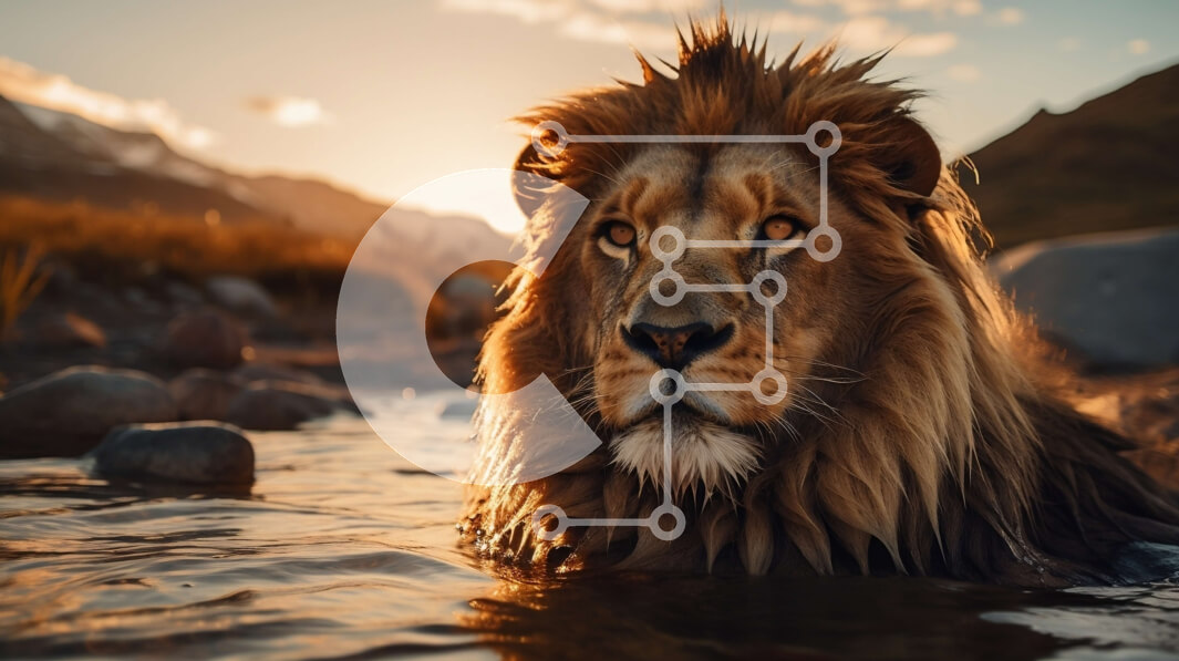 Intra Συλλεκτικό Ξύλινο Παζλ Plywood  4mm - Χαλαρωτικό λιοντάρι με ρέουσα χαίτη σε ένα ρηχό σώμα νερού Σε Ξύλινο Κουτί - Διαστάσεις: 10x10 cm – 25 κομμάτια