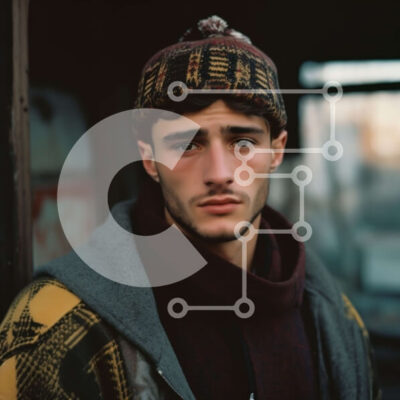 Intra Συλλεκτικό Ξύλινο Παζλ Plywood  4mm - Κομψή νεαρός άνδρας που ποζάρει μπροστά από τον πολύχρωμο τοίχο γκράφιτι Σε Ξύλινο Κουτί - Διαστάσεις Puzzle: 10x10 cm – 25 κομμάτια - Image 1