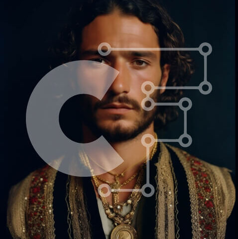 Intra Συλλεκτικό Ξύλινο Παζλ Plywood 4mm - Σοβαρός άντρας με μακριά σγουρά μαλλιά και γένια με μαύρο πουκάμισο και χρυσό κολιέ Σε Ξύλινο Κουτί - Διαστάσεις Puzzle: 10x10 cm – 25 κομμάτια - Image 1