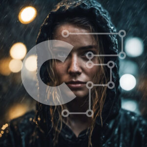 Intra Συλλεκτικό Ξύλινο Παζλ Plywood  4mm - Νεαρή γυναίκα με μαύρο κουκούλα στη βροχή Σε Ξύλινο Κουτί - Διαστάσεις Puzzle: 10x10 cm – 25 κομμάτια