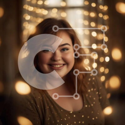 Intra Συλλεκτικό Ξύλινο Παζλ Plywood  4mm - Πορτρέτο μιας ευτυχισμένης κοκκινομάλλας γυναίκας με φόντο αστραφτερά φώτα Σε Ξύλινο Κουτί - Διαστάσεις Puzzle: 10x10 cm – 25 κομμάτια - Image 1