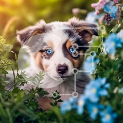 Intra Συλλεκτικό Ξύλινο Παζλ Plywood  4mm - Χαριτωμένο κουτάβι που κάθεται ανάμεσα σε λουλούδια σε έναν κήπο Σε Ξύλινο Κουτί - Διαστάσεις: 10x10 cm – 25 κομμάτια - Image 1