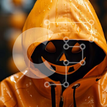 Intra Συλλεκτικό Ξύλινο Παζλ Plywood  4mm - Άτομο με πορτοκαλί αδιάβροχο με κουκούλα με φανάρι μπροστά από τον τοίχο κολοκύθας Σε Ξύλινο Κουτί - Διαστάσεις Puzzle: 10x10 cm – 25 κομμάτια - Image 1