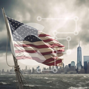 Intra Συλλεκτικό Ξύλινο Παζλ Plywood  4mm - Πατριωτική αμερικανική σημαία πάνω από το νερό με τον ορίζοντα της πόλης Σε Ξύλινο Κουτί - Διαστάσεις Puzzle: 10x10 cm – 25 κομμάτια - Image 1