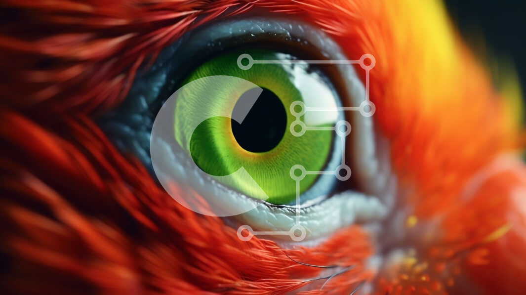 Intra Συλλεκτικό Ξύλινο Παζλ Plywood  4mm - Κοντινό πλάνο του Orange Bird's Eye με τα πράσινα μάτια Σε Ξύλινο Κουτί - Διαστάσεις: 10x10 cm – 25 κομμάτια