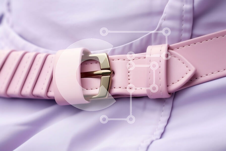 Intra Συλλεκτικό Ξύλινο Παζλ Plywood  4mm - Κομψή ροζ ζώνη με περίπλοκη χρυσή αγκράφα σε γυναικεία λευκή μπλούζα και μπλε τζιν Σε Ξύλινο Κουτί - Διαστάσεις Puzzle: 10x10 cm – 25 κομμάτια