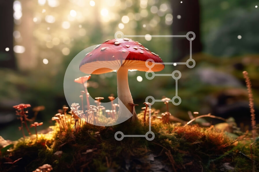 Intra Συλλεκτικό Ξύλινο Παζλ Plywood  4mm - Όμορφη εικόνα ενός κόκκινου μανιταριού σε ένα δάσος με το φως του ήλιου να λάμπει μέσα από τα δέντρα Σε Ξύλινο Κουτί - Διαστάσεις: 10x10 cm – 25 κομμάτια