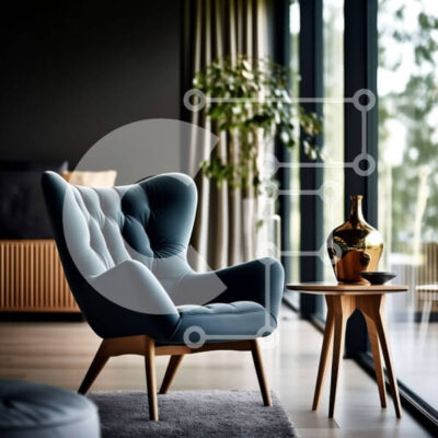 Intra Συλλεκτικό Ξύλινο Παζλ Plywood  4mm - Σύγχρονο και μινιμαλιστικό σαλόνι με μπλε πολυθρόνα και ξύλινο τραπεζάκι σαλονιού Σε Ξύλινο Κουτί - Διαστάσεις Puzzle: 10x10 cm – 25 κομμάτια - Image 1