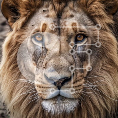 Intra Συλλεκτικό Ξύλινο Παζλ Plywood  4mm - Εκπληκτικό κοντινό πλάνο του Regal Lion με μπλε μάτια και πολυτελή χαίτη Σε Ξύλινο Κουτί - Διαστάσεις: 10x10 cm – 25 κομμάτια - Image 1