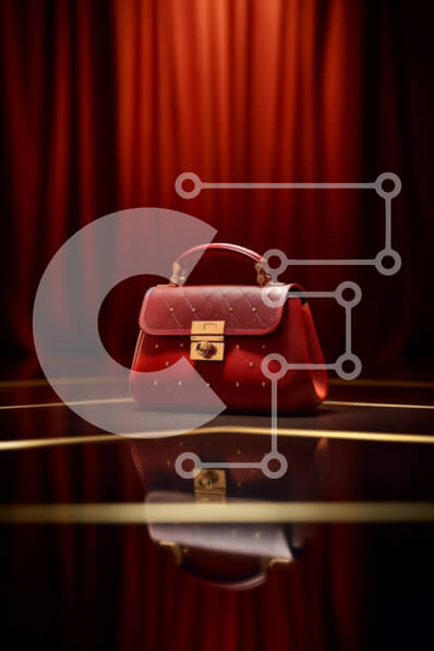 Intra Συλλεκτικό Ξύλινο Παζλ Plywood  4mm - Κομψή κόκκινη τσάντα με χρυσά καρφιά σε κόκκινο χαλί και κουρτίνα Σε Ξύλινο Κουτί - Διαστάσεις Puzzle: 10x10 cm – 25 κομμάτια