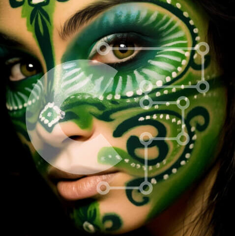 Intra Συλλεκτικό Ξύλινο Παζλ Plywood  4mm - Εκπληκτική εικόνα γυναίκας με πράσινο χρώμα προσώπου με περίπλοκα σχέδια στα μάγουλα και το μέτωπο Σε Ξύλινο Κουτί - Διαστάσεις Puzzle: 10x10 cm – 25 κομμάτια - Image 1