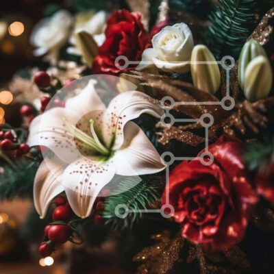 Intra Συλλεκτικό Ξύλινο Παζλ Plywood  4mm - Όμορφη Χριστουγεννιάτικη φλοράλ σύνθεση με κόκκινα και λευκά λουλούδια σε ξύλινο τραπέζι Σε Ξύλινο Κουτί - Διαστάσεις: 10x10 cm – 25 κομμάτια - Image 1