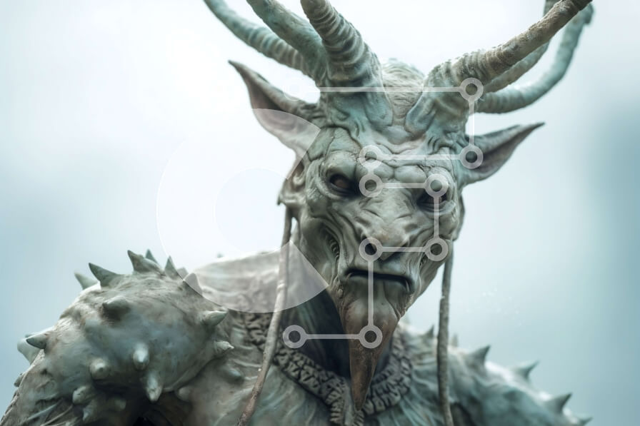 Intra Συλλεκτικό Ξύλινο Παζλ Plywood  4mm - Κοντινό πλάνο του προσώπου ενός δαίμονα με μακριά κέρατα, στέμμα και σκήπτρο Σε Ξύλινο Κουτί - Διαστάσεις Puzzle: 10x10 cm – 25 κομμάτια