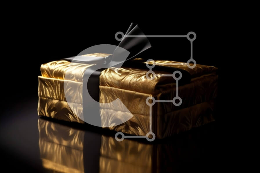 Intra Συλλεκτικό Ξύλινο Παζλ Plywood  4mm - Όμορφη εικόνα ενός χρυσού κουτιού δώρου με μαύρο φιόγκο σε ανακλαστική επιφάνεια Σε Ξύλινο Κουτί - Διαστάσεις: 10x10 cm – 25 κομμάτια