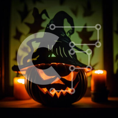 Intra Συλλεκτικό Ξύλινο Παζλ Plywood  4mm - Απόκοσμη αποκριάτικη διακόσμηση: Σκαλιστή κολοκύθα με καπέλο μάγισσας και αναμμένο κερί Σε Ξύλινο Κουτί - Διαστάσεις: 10x10 cm – 25 κομμάτια - Image 1